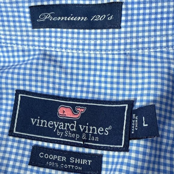 Vineyard Vines Premium 120's Cooper Button Up Dress Shirt Sz Large Blue Gingham - Picture 2 of 5